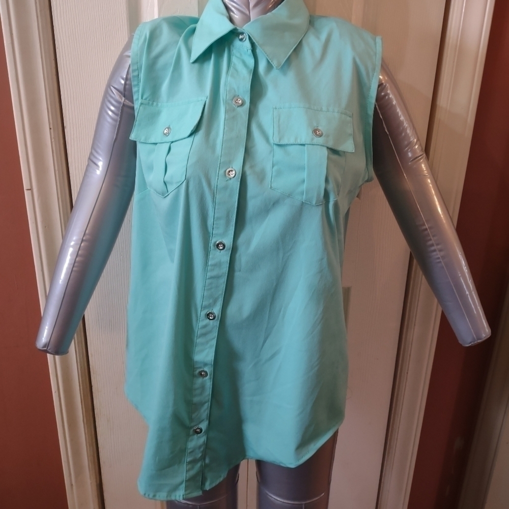 Stacey Summers Blue Size Large Sleeveless Collared Button Up Shirt Blouse Top